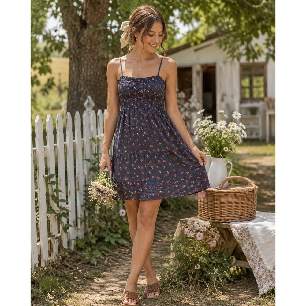 Lily White Watermelon Print Tiered‎ Mini Dress Black Red Smocked Back Adjustable